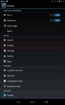 Nexus 7 Settings, Display